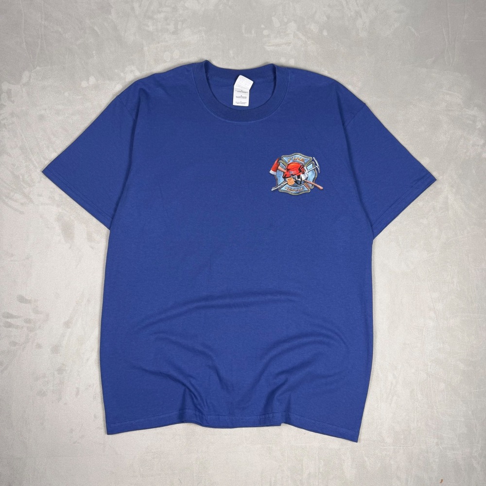 Y2K Mens Gildan Fire Rescue Brotherhood Graphic Tee Blue Large
